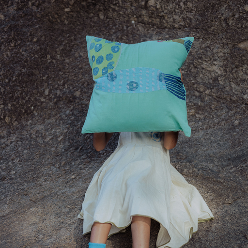 Teal Sky Panchhi Cushion Cover